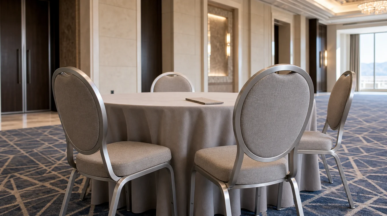 Banquet chair upholstery and frame details beside a dining table