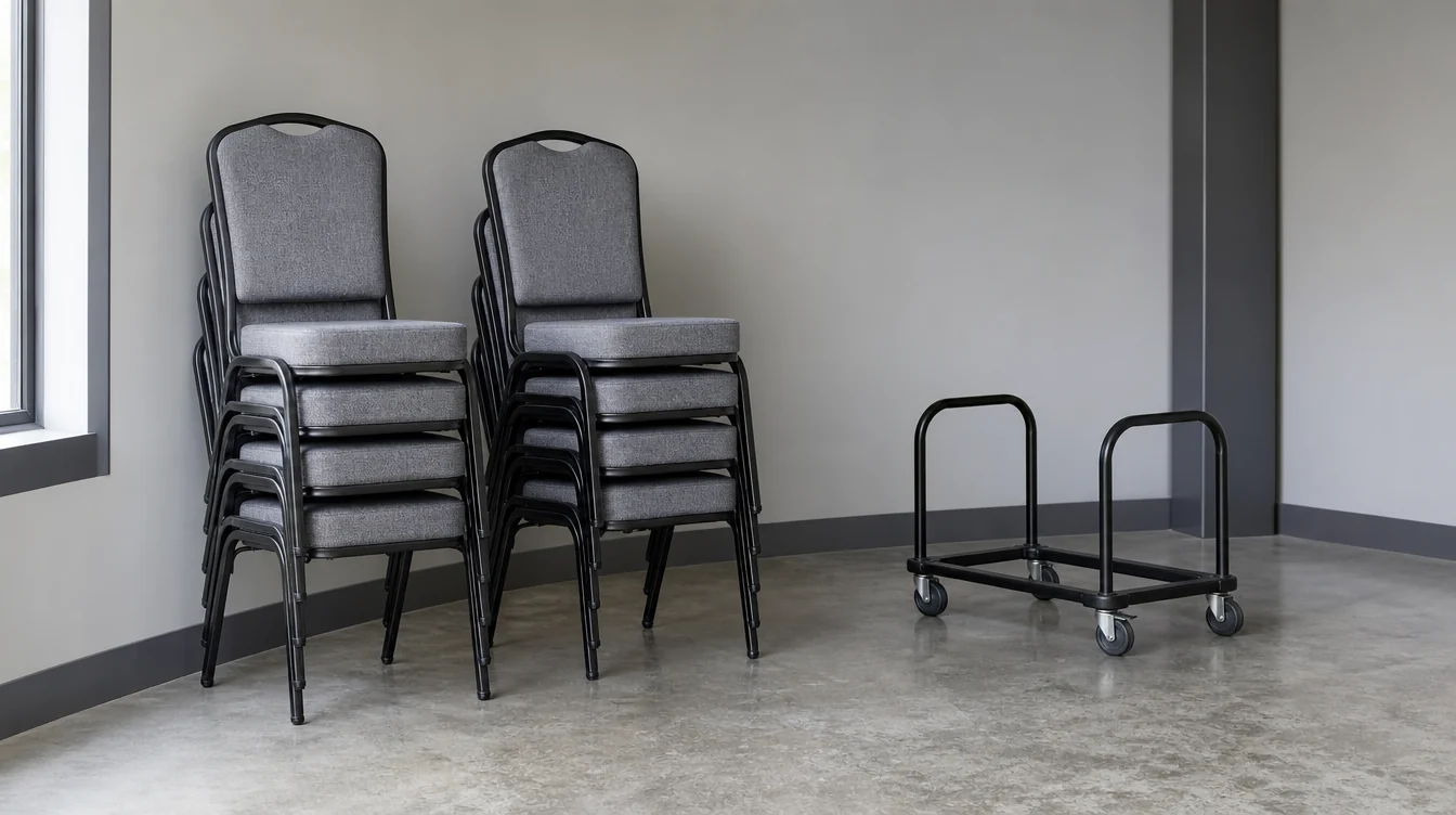 Low stacks of banquet chairs beside a clear indoor storage aisle