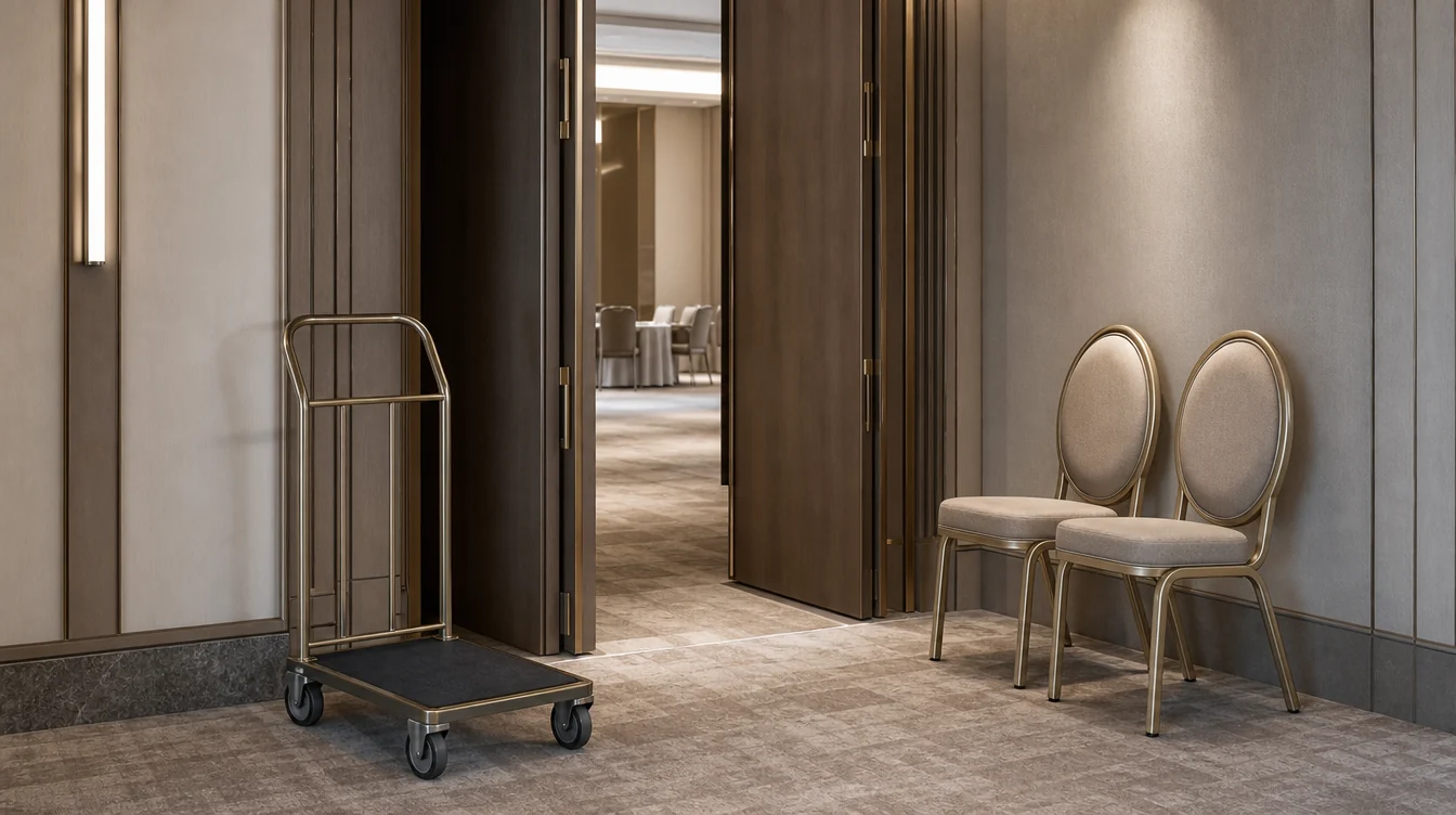Chair handling route through an event venue service doorway