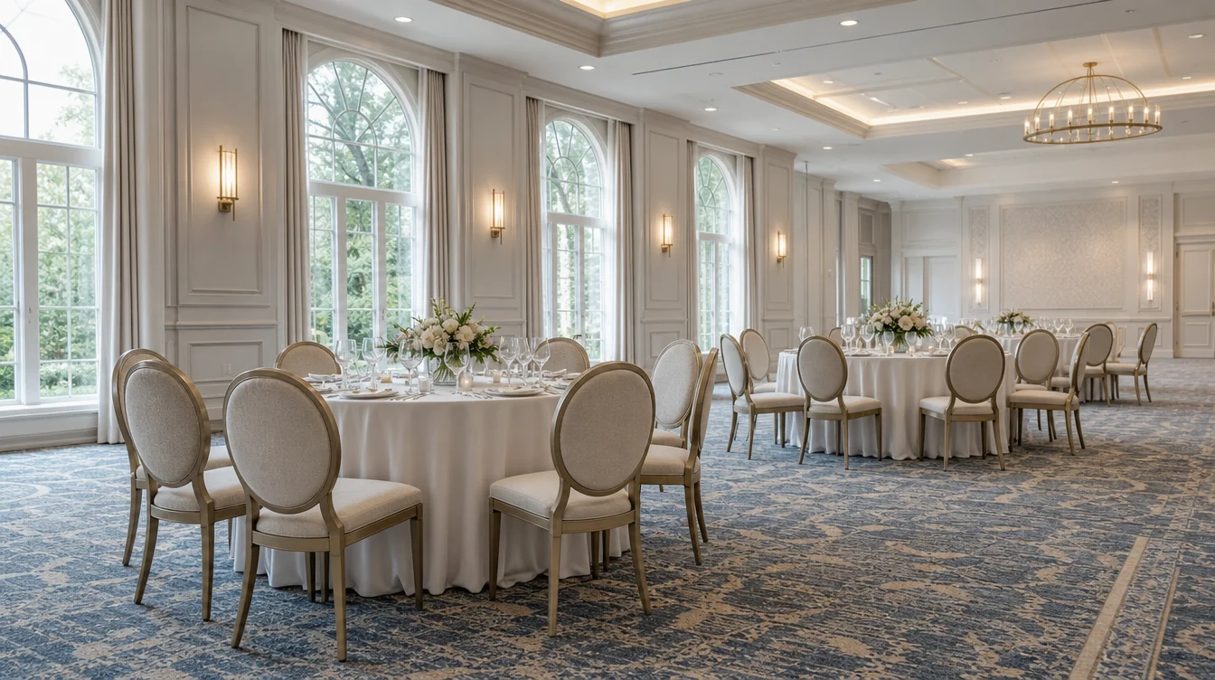 Banquet tables and matching upholstered chairs in a New Jersey venue planning scene