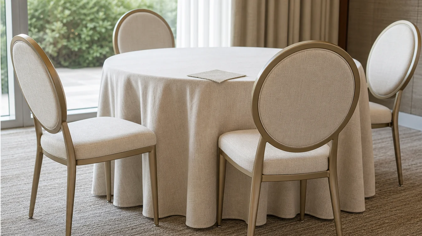 Upholstery and frame details on banquet chairs beside a dining table