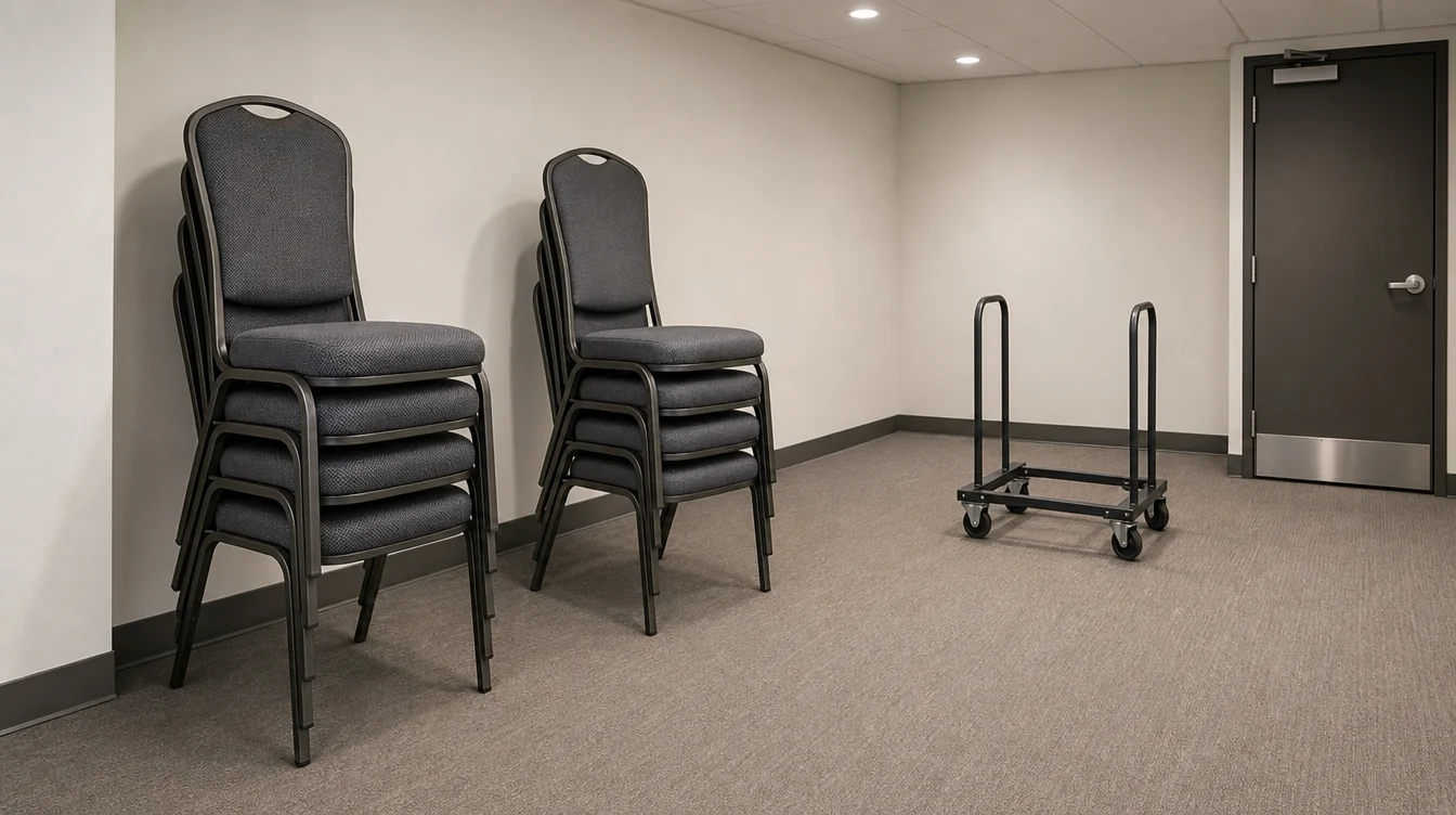 Modest stacks of banquet chairs with a clear storage aisle