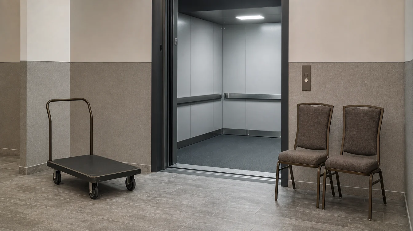Chair handling route through an event venue service doorway