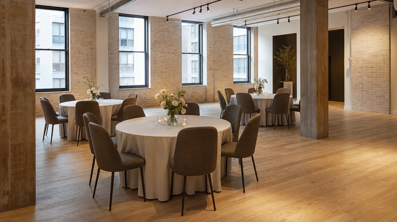 Banquet tables and matching upholstered chairs in a New York venue planning scene