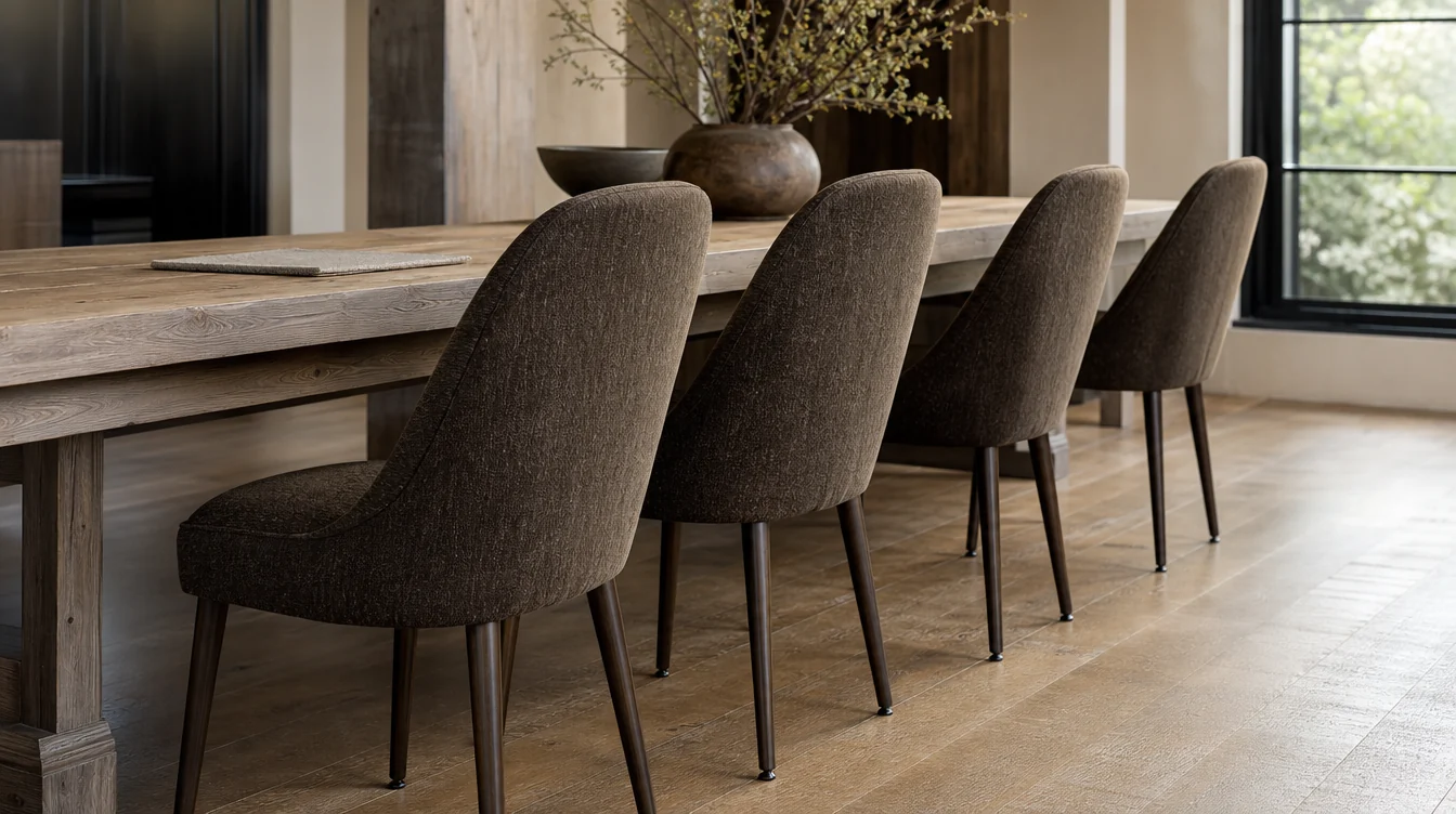 Upholstery and frame details on banquet chairs beside a dining table