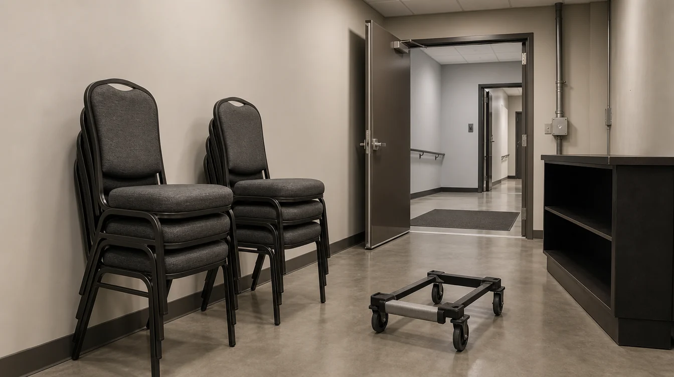 Modest stacks of banquet chairs with a clear storage aisle