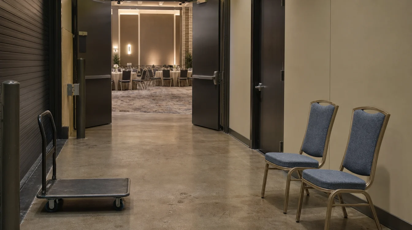 Chair handling route through an event venue service doorway