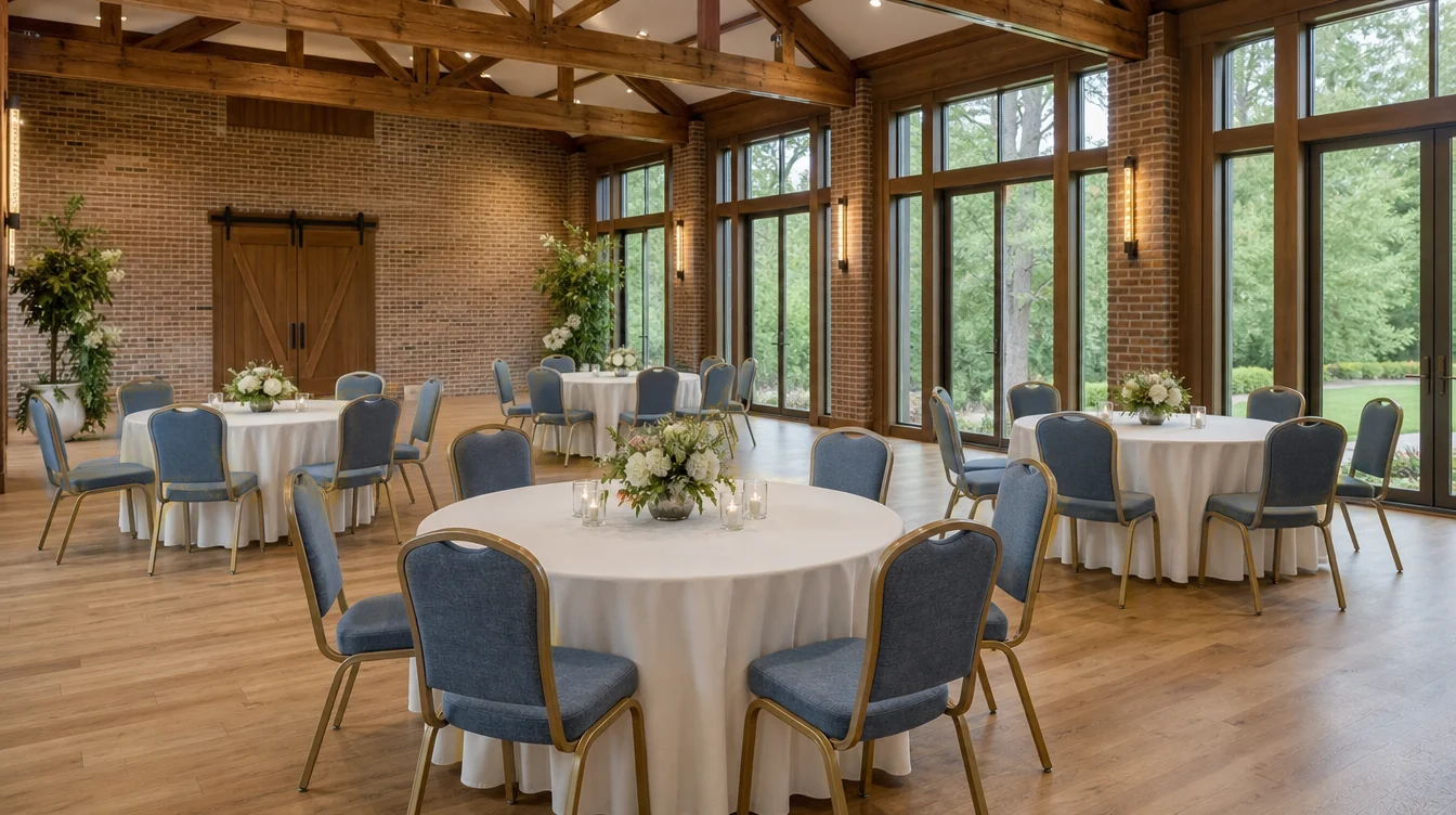 Banquet tables and matching upholstered chairs in a North Carolina venue planning scene