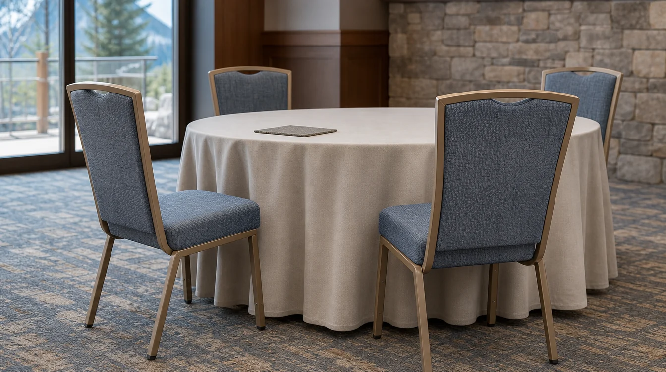 Upholstery and frame details on banquet chairs beside a dining table
