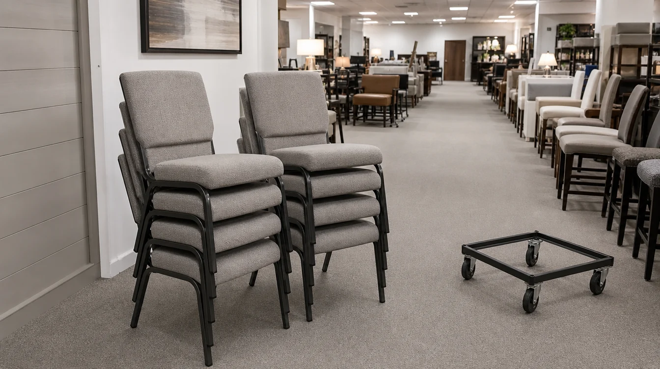 Modest stacks of banquet chairs with a clear storage aisle