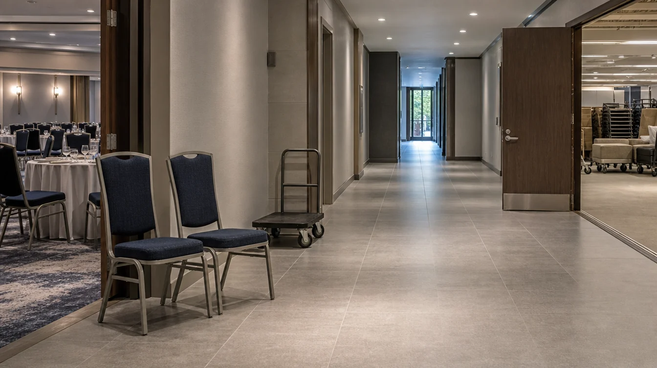 Chair handling route through an event venue service doorway
