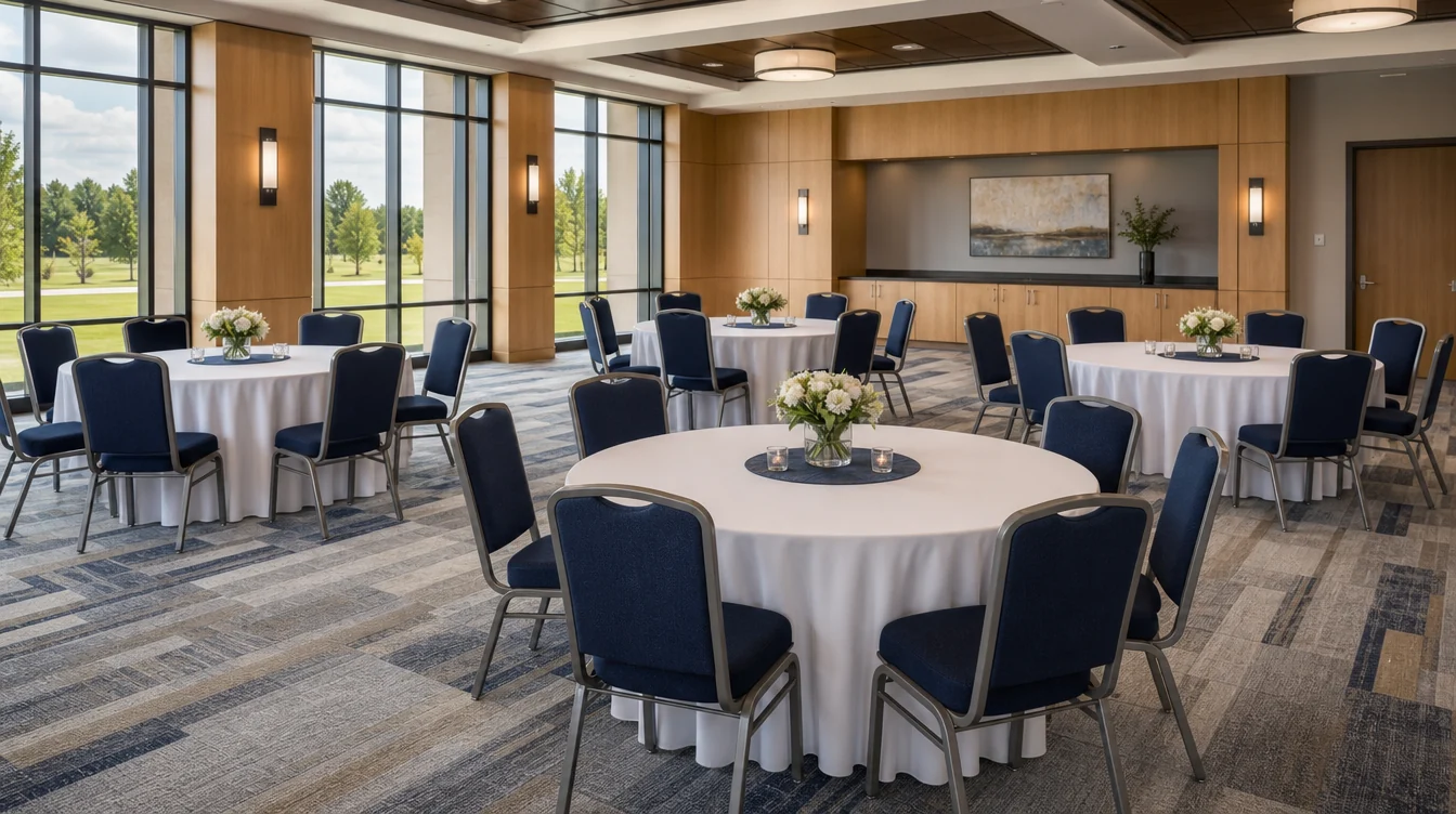 Banquet tables and matching upholstered chairs in a Ohio venue planning scene