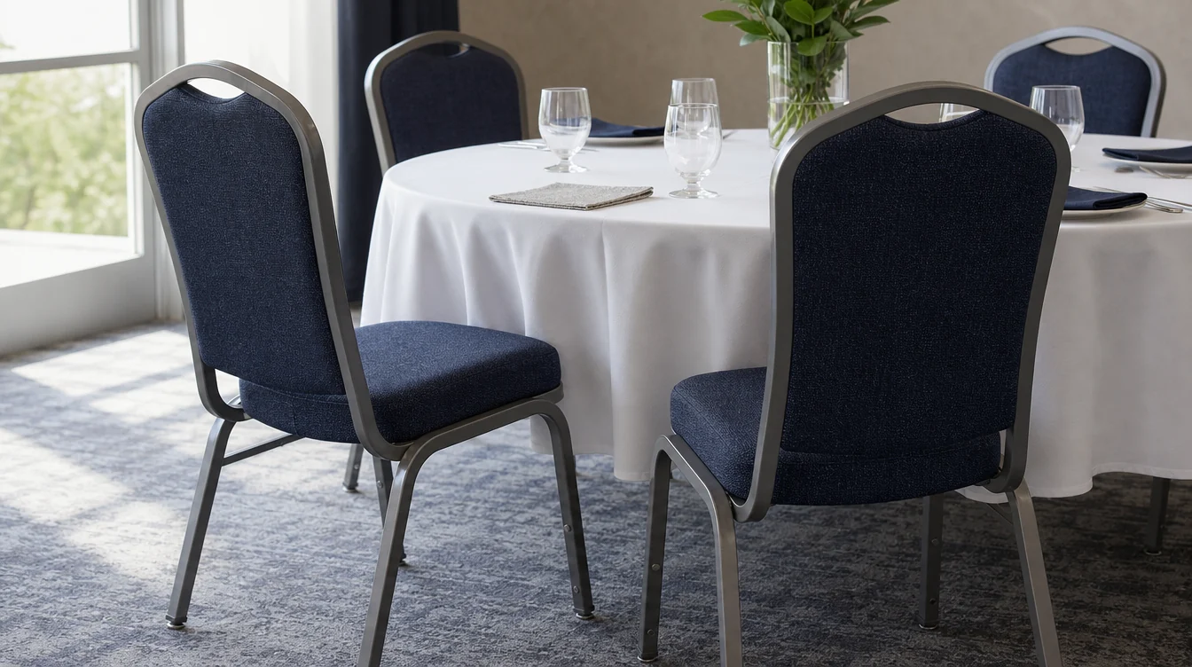 Upholstery and frame details on banquet chairs beside a dining table