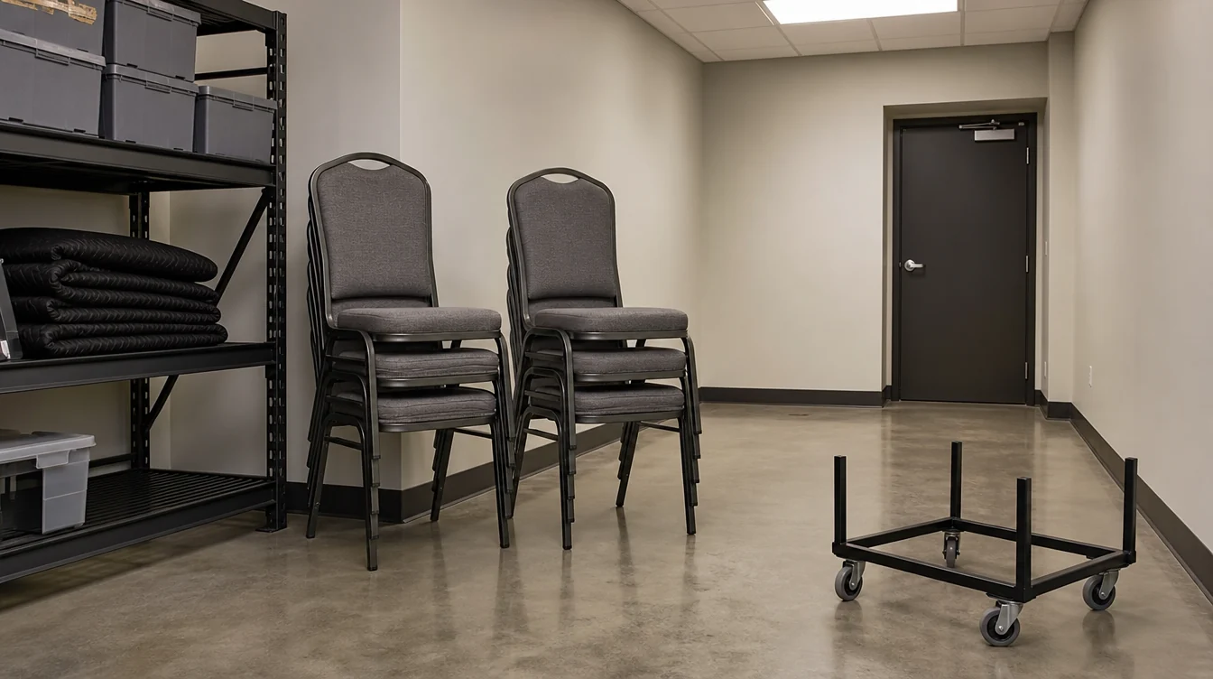 Modest stacks of banquet chairs with a clear storage aisle