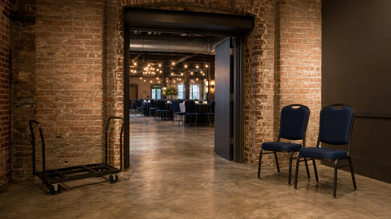 Chair handling route through an event venue service doorway