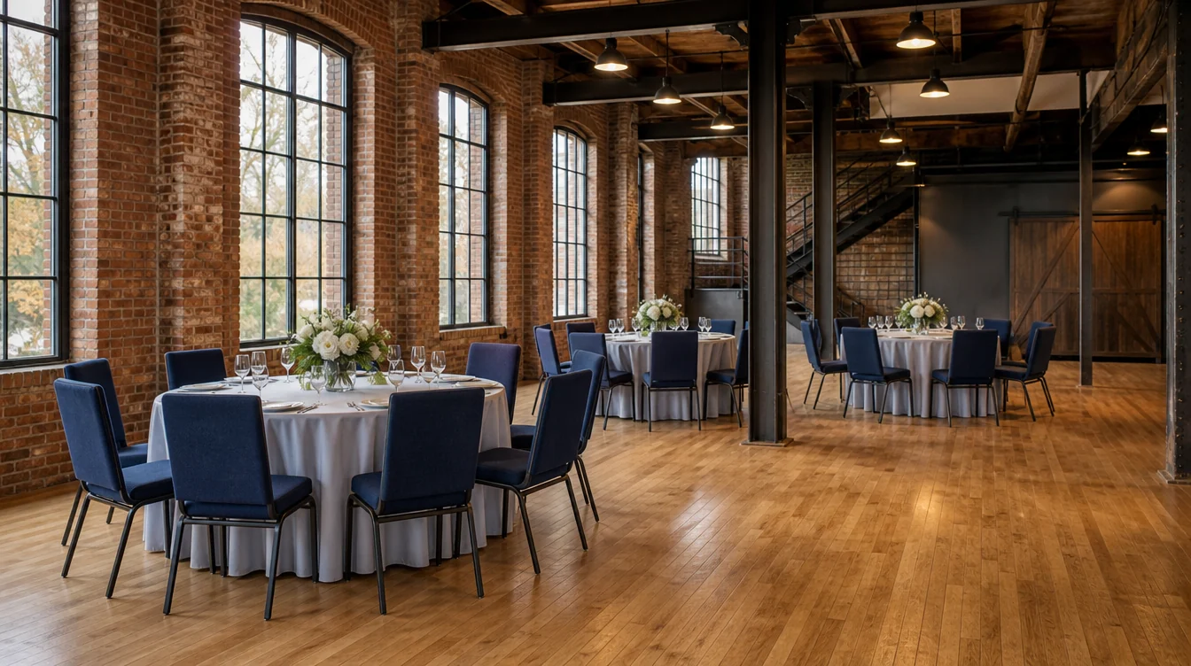 Banquet tables and matching upholstered chairs in a Pennsylvania venue planning scene