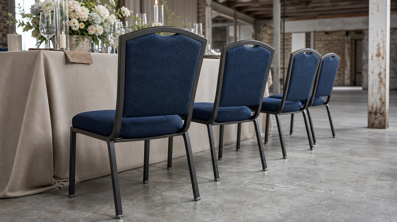 Upholstery and frame details on banquet chairs beside a dining table