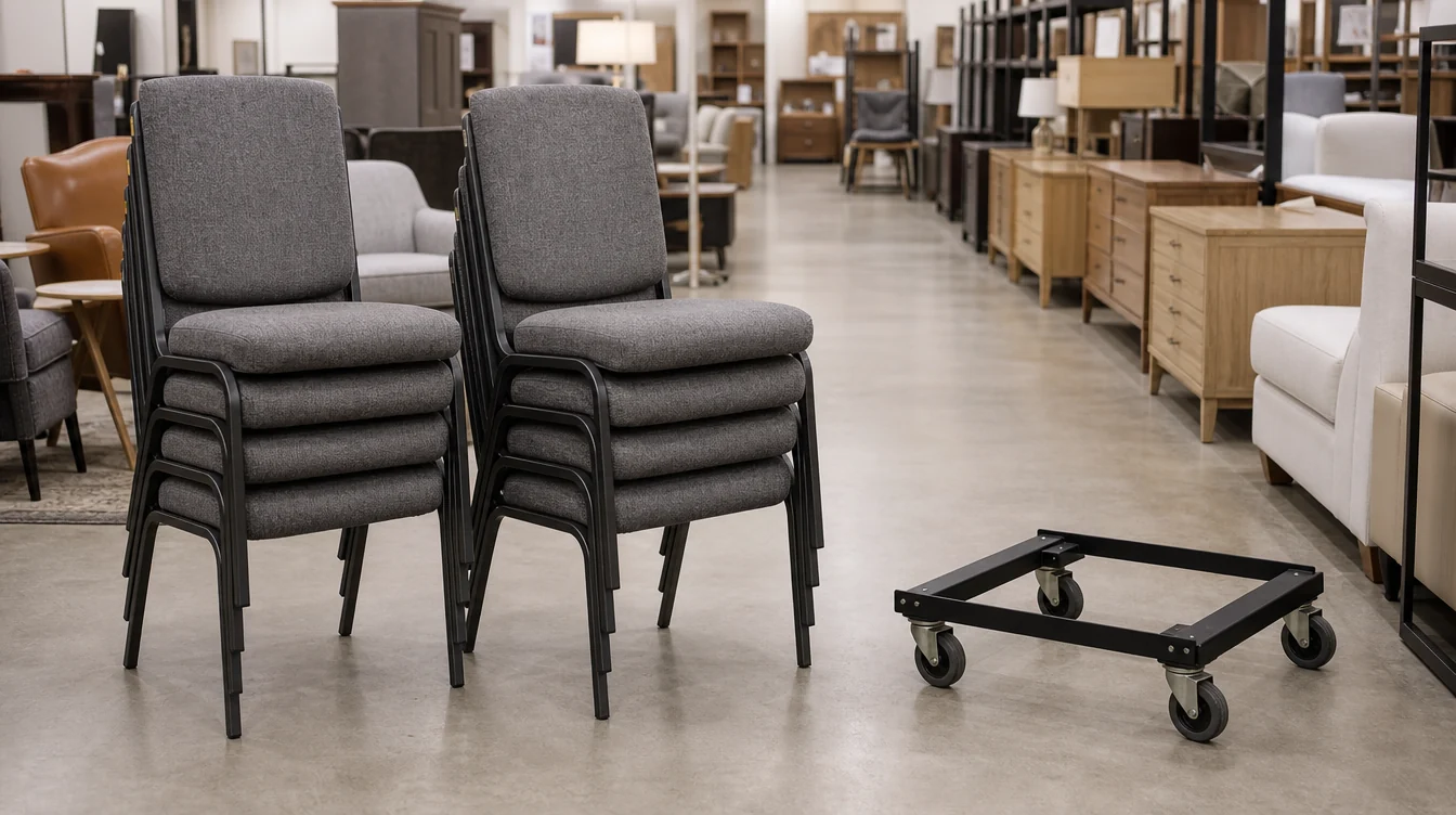 Modest stacks of banquet chairs with a clear storage aisle