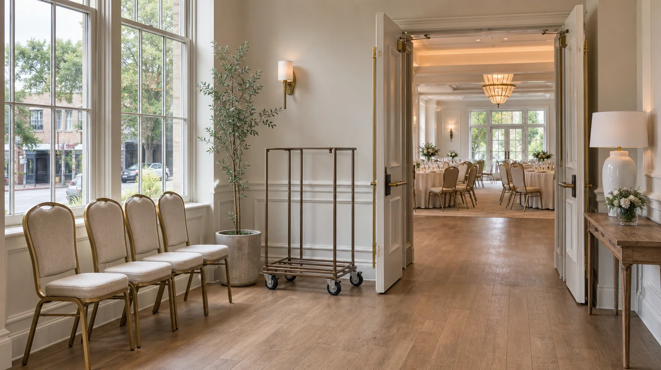 Banquet chairs and a clear service doorway in a South Carolina venue