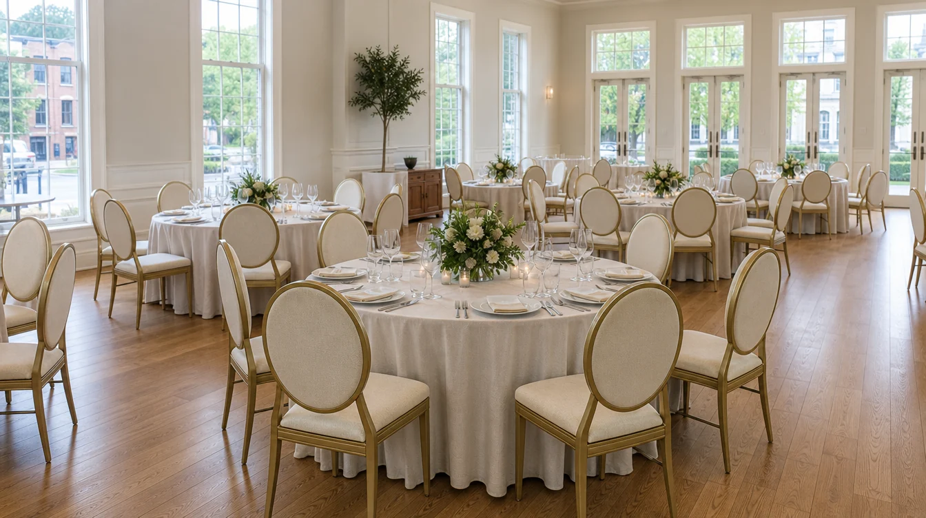 Banquet tables and upholstered chairs in a South Carolina event room