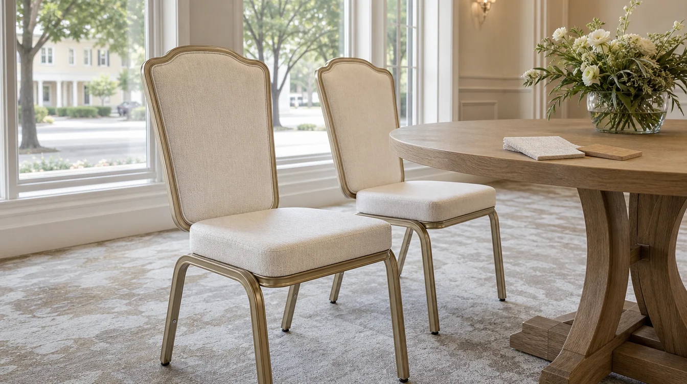 Banquet-chair frame and upholstery details beside a dining table in South Carolina