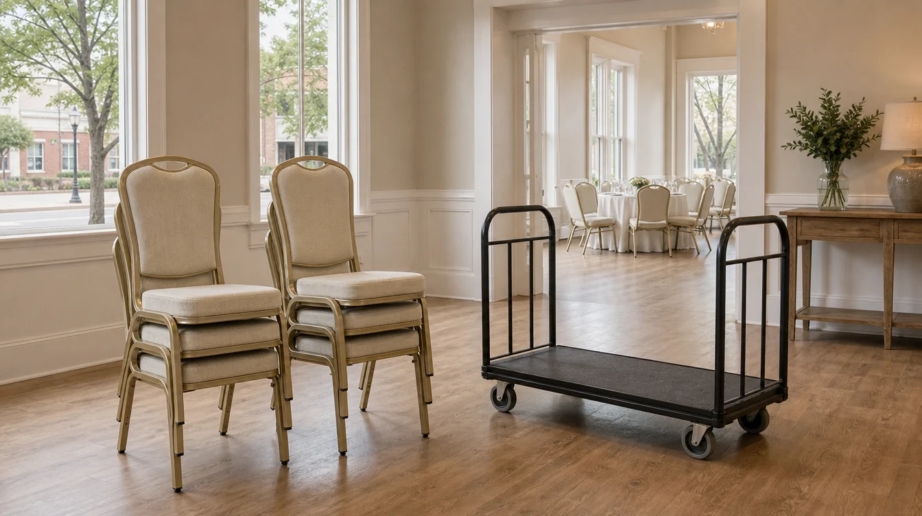 Low stacks of banquet chairs and a clear indoor storage aisle in South Carolina