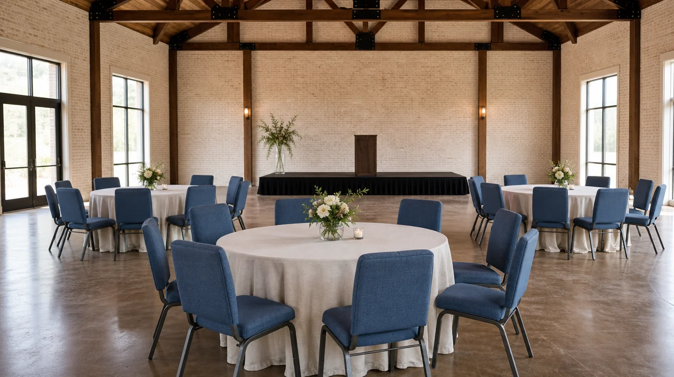 Banquet tables and matching upholstered chairs in a Tennessee venue planning scene