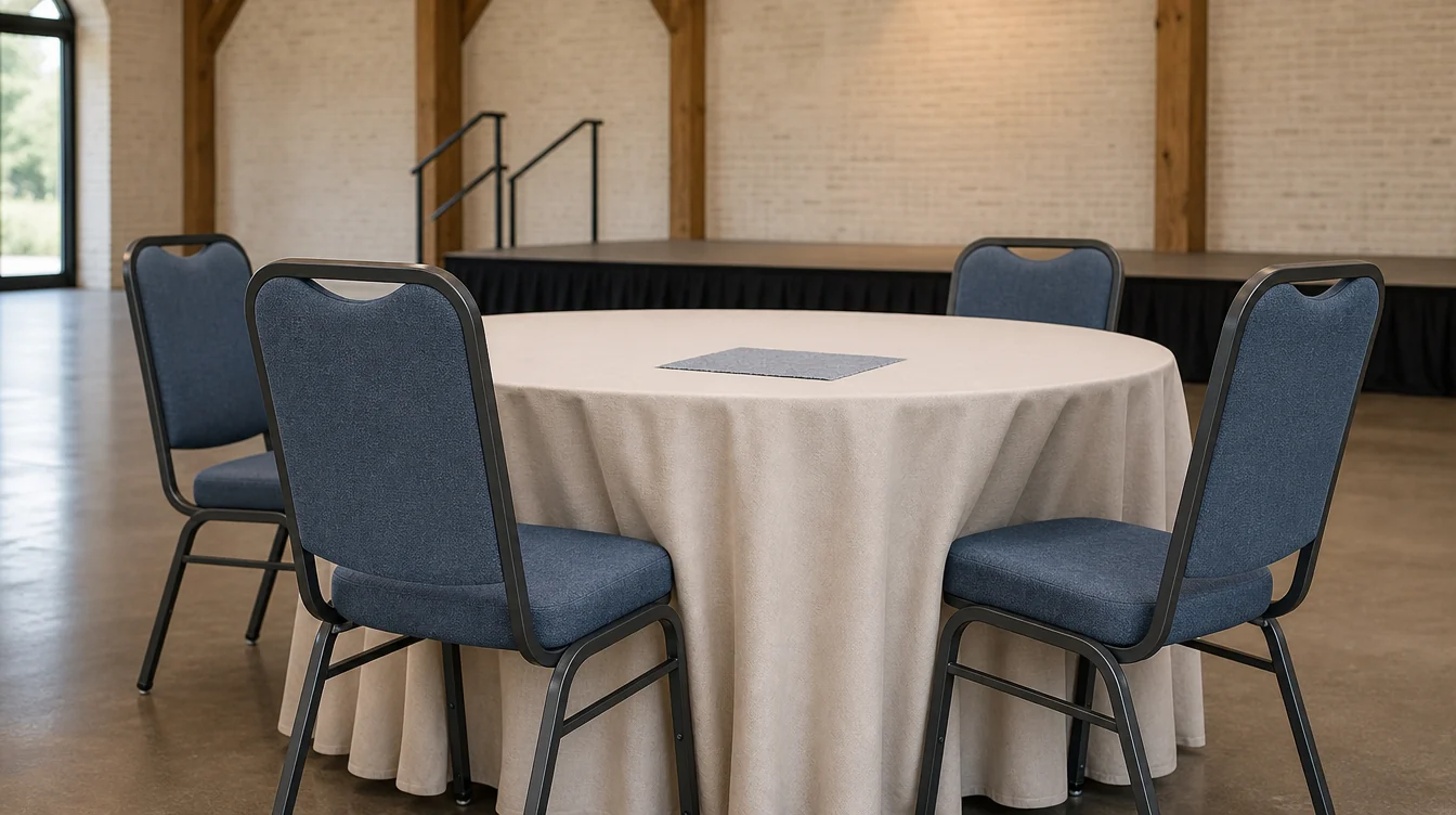 Banquet chair upholstery and frame details beside a dining table