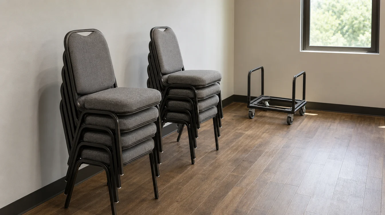 Low stacks of banquet chairs beside a clear indoor storage aisle