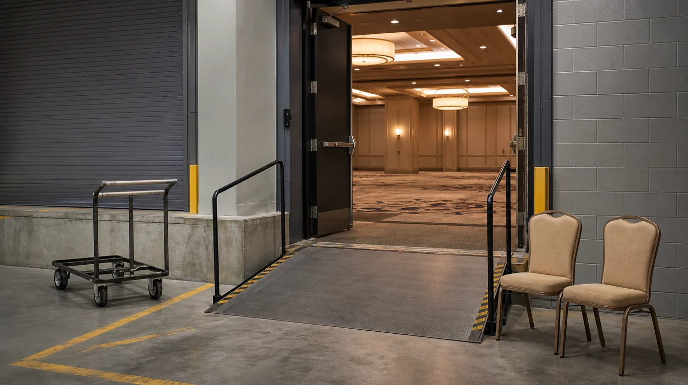 Chair handling route through an event venue service doorway