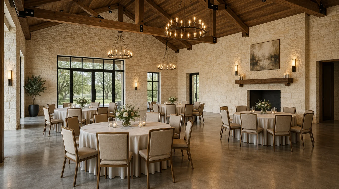 Banquet tables and matching upholstered chairs in a Texas venue planning scene