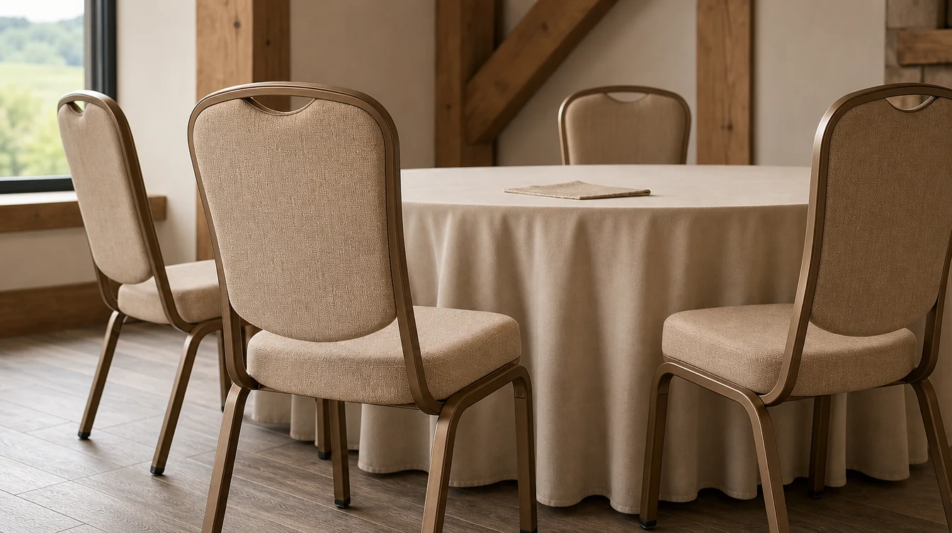 Upholstery and frame details on banquet chairs beside a dining table