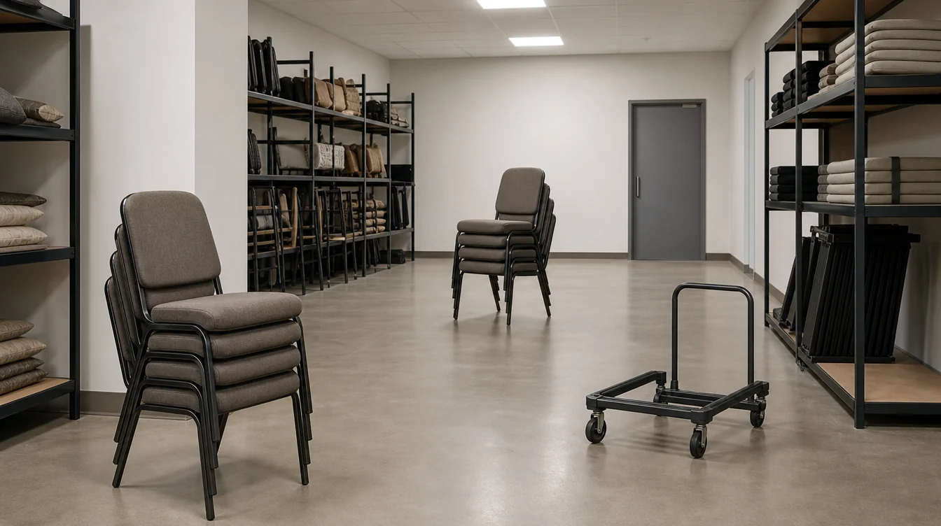 Modest stacks of banquet chairs with a clear storage aisle