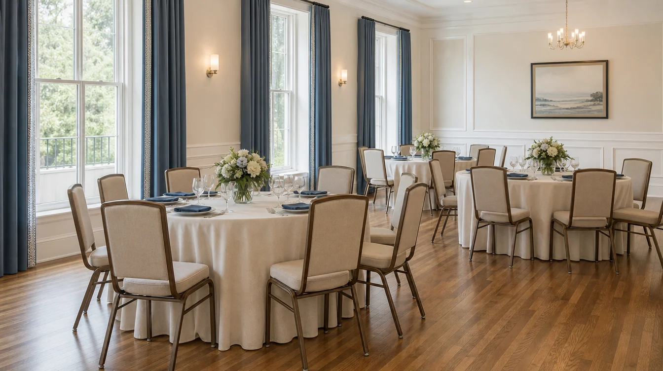 Banquet tables and matching upholstered chairs in a Virginia venue planning scene