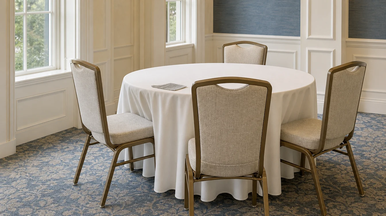 Banquet chair upholstery and frame details beside a dining table
