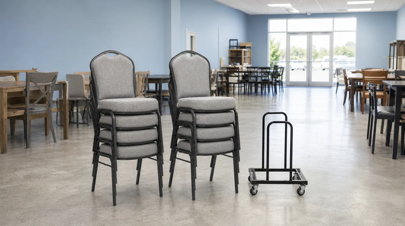 Low stacks of banquet chairs beside a clear indoor storage aisle