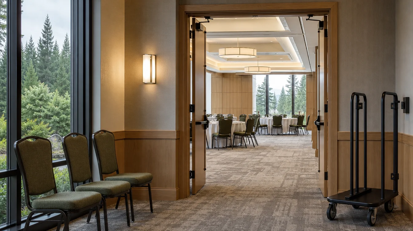 Banquet chairs and a clear service doorway in a Washington venue