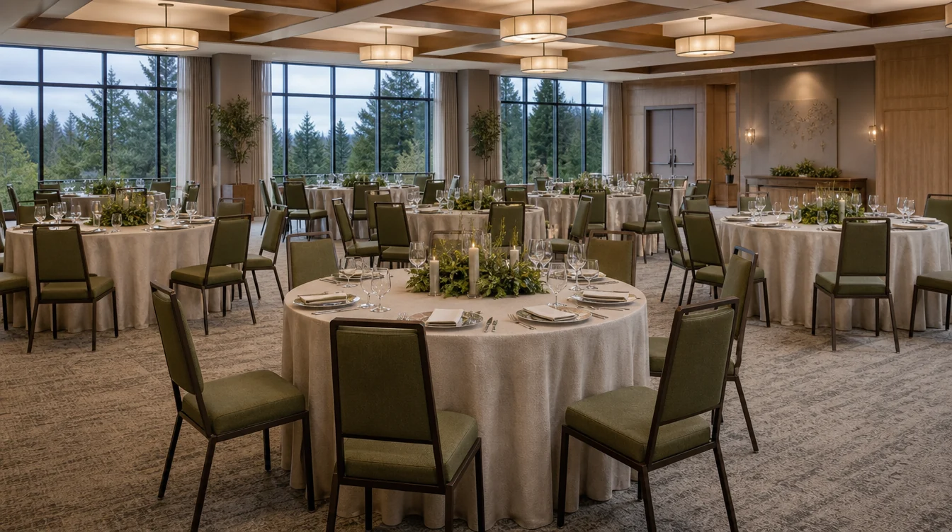 Banquet tables and upholstered chairs in a Washington event room