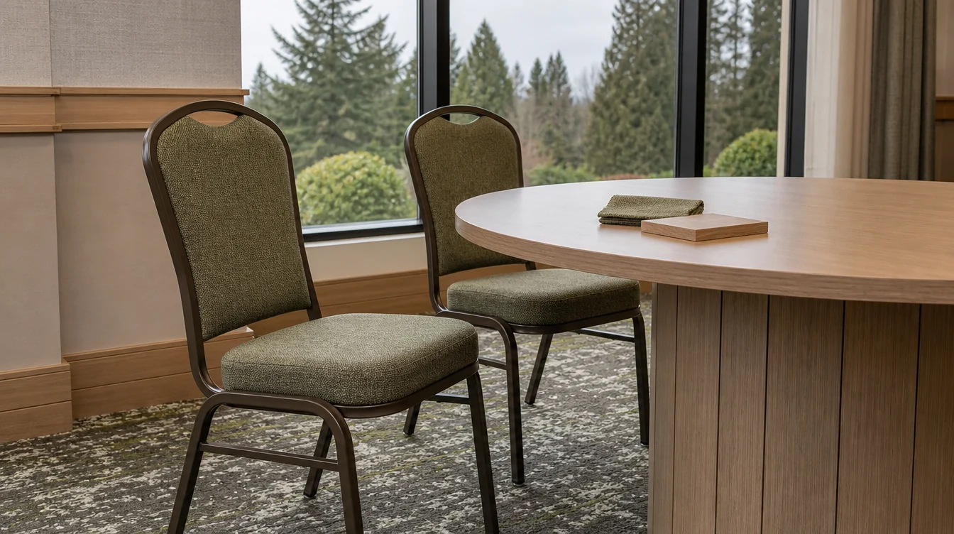 Banquet-chair frame and upholstery details beside a dining table in Washington