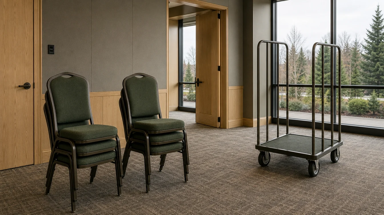 Low stacks of banquet chairs and a clear indoor storage aisle in Washington